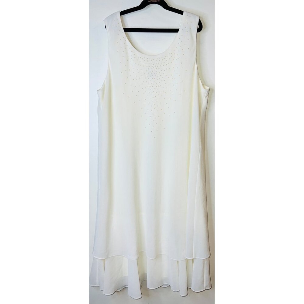 White Sleeveless Layered Chiffon Dress Pearl-Like Accents Dress Savvy Size 18W